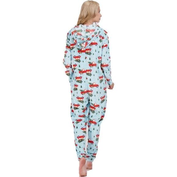 woman’s s/m fleece pajamas Christmas HOLIDAY ONE-PIECE HOODED teal - Picture 3 of 9